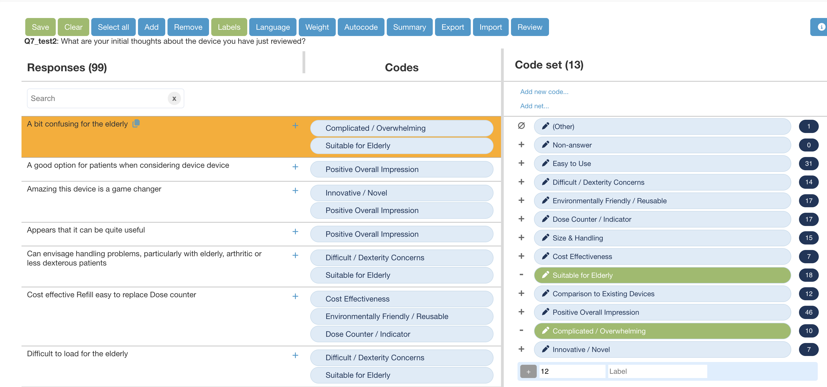 Protobi coding interface with the first response 'A bit confusing for the elderly' highlighted in yellow/gold, showing it is tagged with the #NOT EASY code. The Code set panel on the right displays all available codes, and the interface shows multiple other responses below with their respective code assignments.